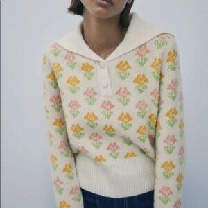 NWT BBWM ECRU Yellow Special Edition Wool Blend Collared Jacquard Sweater